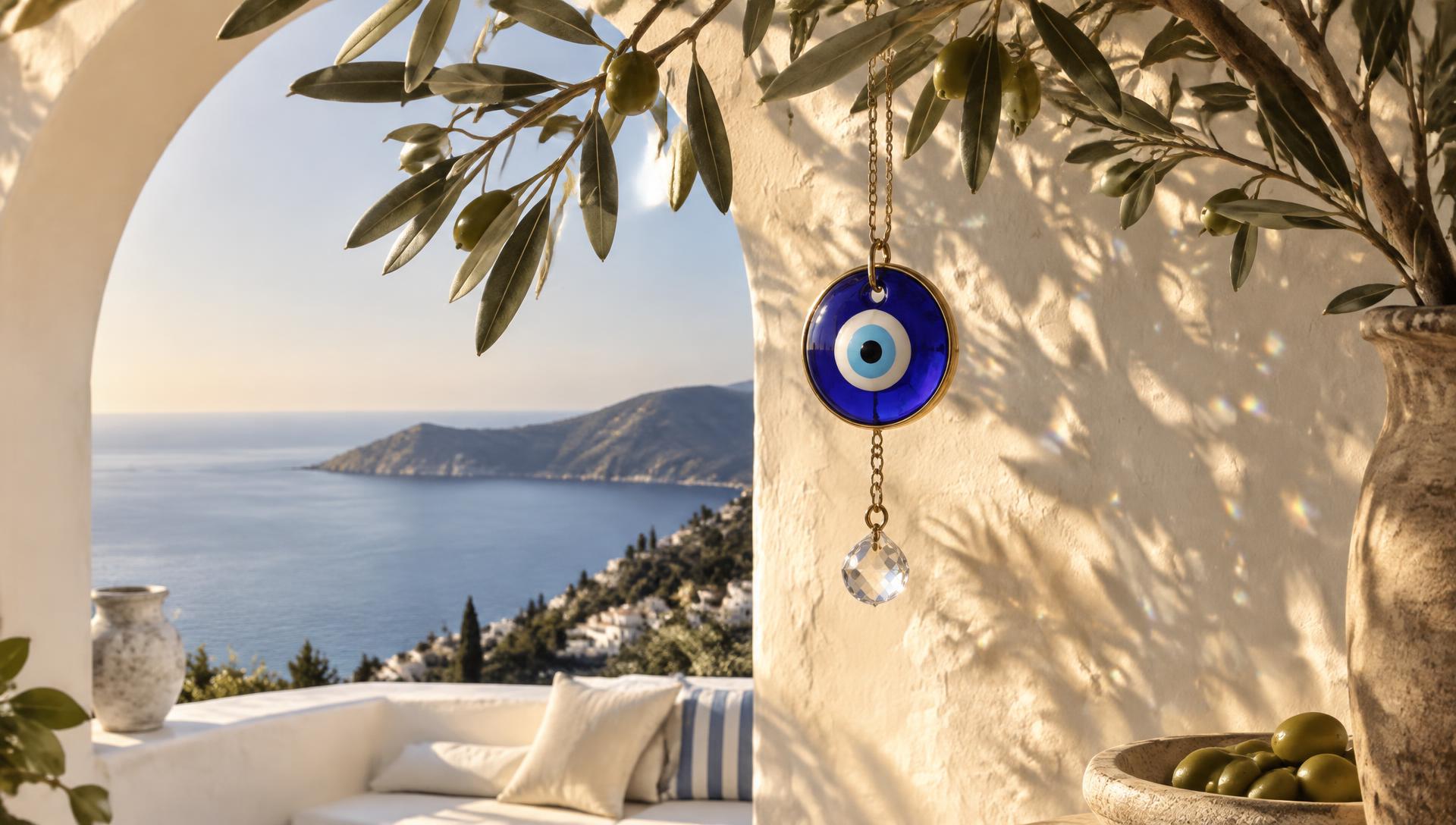 Nazar charm hanging in a sunlit Mediterranean arch